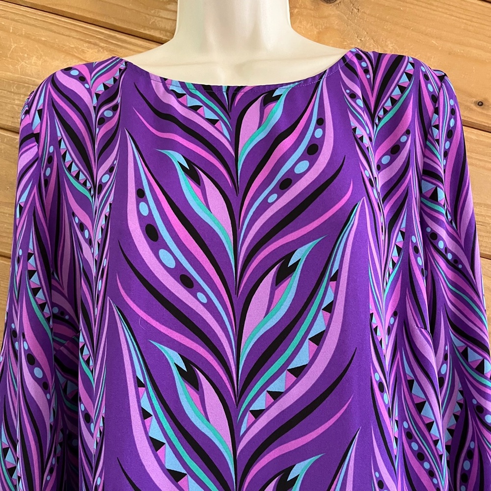 Bob Mackie Wearable Art Purple Teal Abstract Geometric Long Sleeve Tunic Top L - Picture 2 of 11
